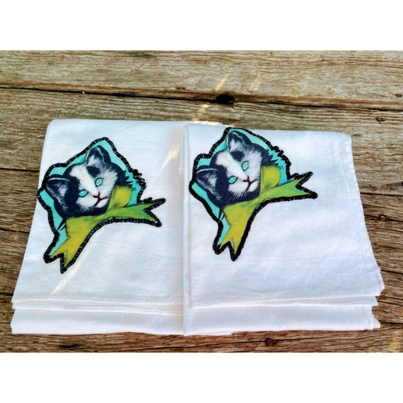 Vintage pair 1930s Creepy Eyes cat Face Applique Tea towels Dish Towels - Picture 3 of 9